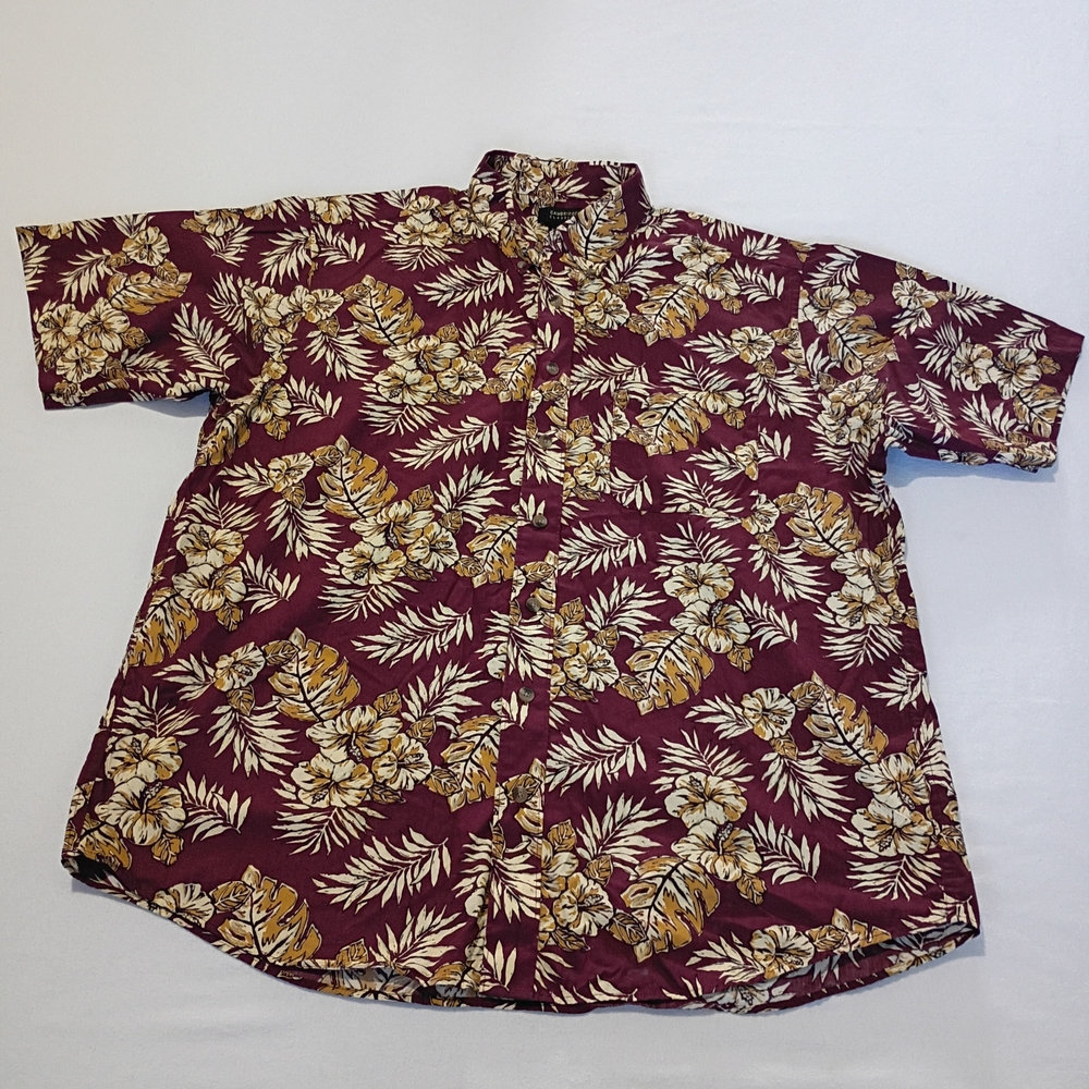 Cambridge Classics Men's XL Tropical Hawaiian Floral Button Down Shirt Maroon